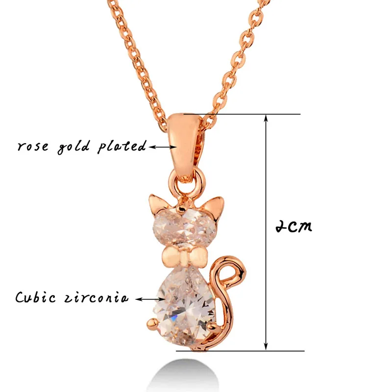 SINLEERY Charm Cubic Zircon Cat Pendant Animal Shaped Necklace For Women Rose Gold Silver Color Chain Jewelry XL534