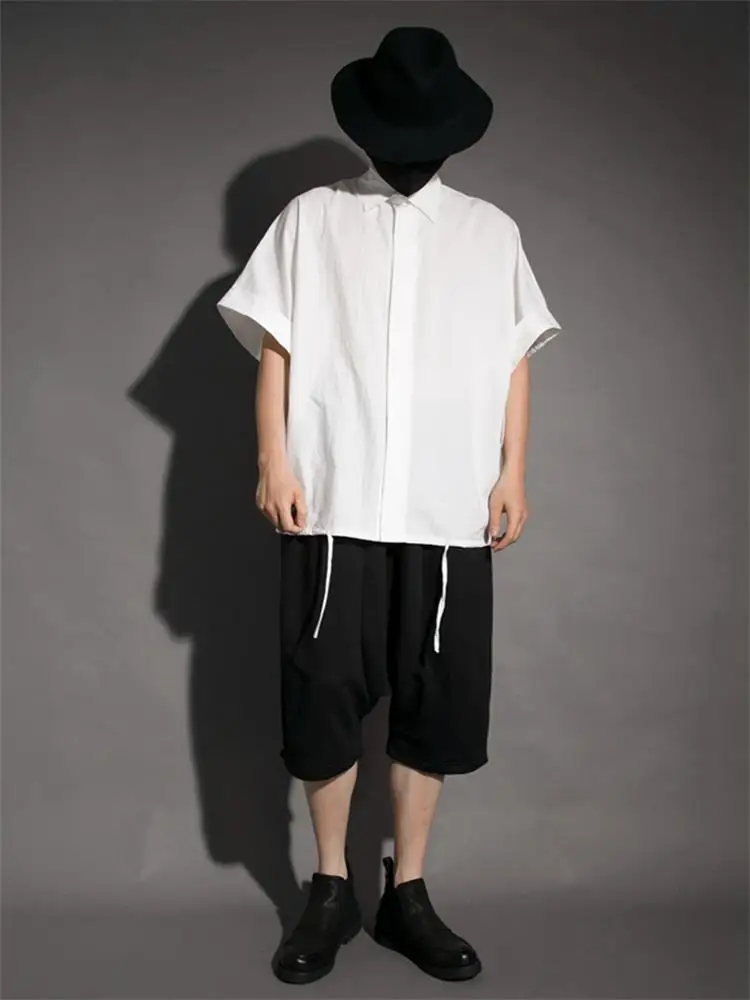 Men's Short Sleeve Shirt Summer New Style Personality Off Shoulder Fold Design Yamamoto Casual Loose Oversized Shirt