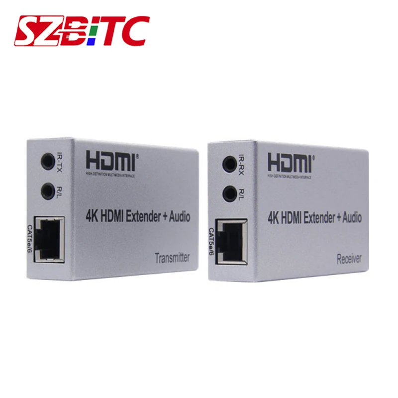 

SZBITC 100m HDMI Extender 4K@30Hz R/L Audio Cat 5e/6 RJ45 Single Ethernet Converter IR Control TX to RX For CCTV