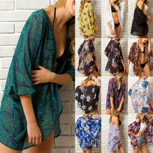 13 Warna Panas Musim Panas Wanita Bunga Kimono Pakaian Renang Wanita Penutup Kardigan Boho Pantai Wanita Atasan Mandi Bikini Pantai Pakaian Penutup