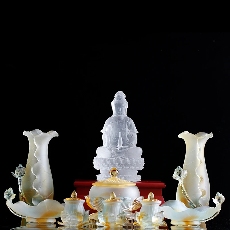 

Buddist Ancient Glass Colored Glaze Flowers Vase Water Cup Fruit Snack Tray Luxury Incense Censer Buddha Home Temple Decoration