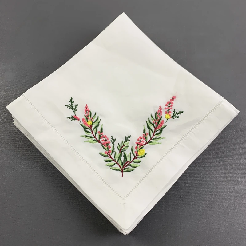 12 PCS Wedding Napkins White Hemstitched linen Table Napkin With Color Embroidered Floral Dinner Napkins 18x18-inch