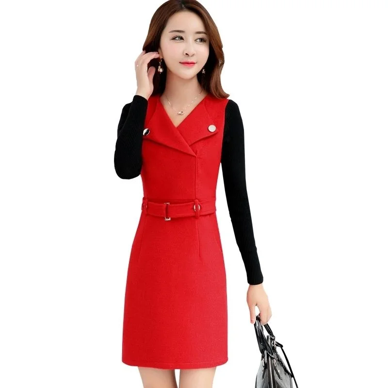 

Elegant Women's Wool Dress Long Sleeve Girls Party Dresses Korean Winter Casual Office Lady Bodycon Mini Dresses Woman