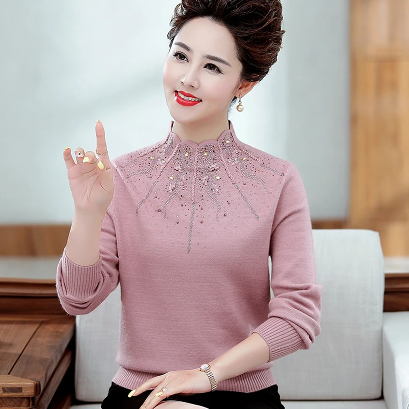 

High Quality Cashmere Sweater Women Half Turtleneck Knitted Sweater Middle-aged Mother Bottoming Warm Pullovers Full Jumper 1656