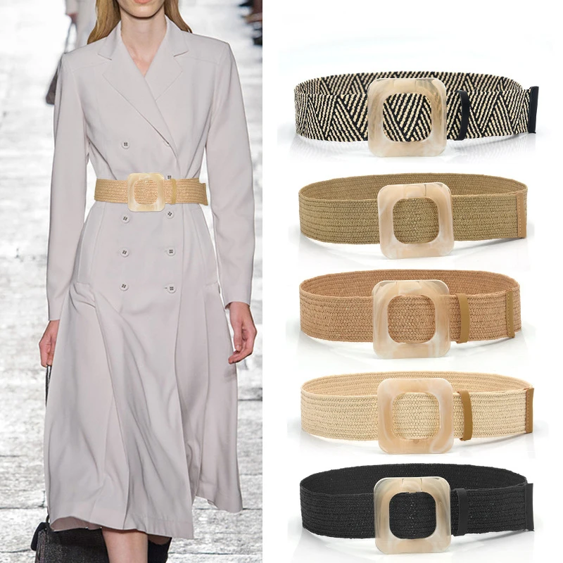 2021 Summer Women Braided Elastic Belt Round Square Wooden Buckle Vintage Bohe Straw Buckle Belt Women Knitted Belt Dress Belt