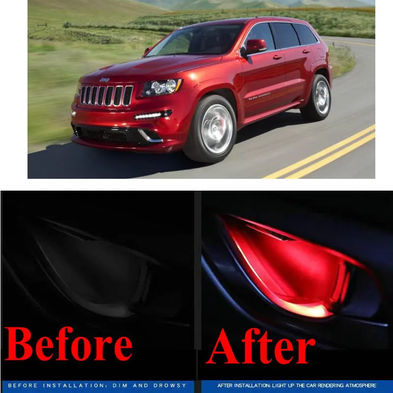 

4pc CF style stickers on cars interior inside door handle atmosphere lamp for jeep CHEROKEE kj kl xj COMMANDER XK XH COMPASS MK