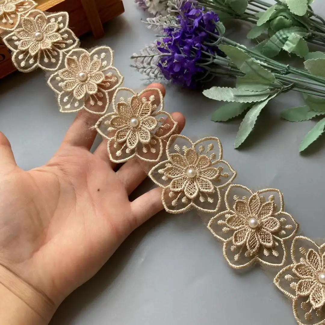 2 Yard Gold Pearl Lace Double Flower Embroidered Trim Ribbon Patchwork DIY Handmade Dress Wedding Sewing Supplies Craft 5.5 cm 3