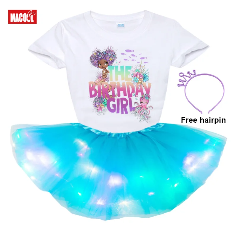 Black Mermaid Dolphint Shirt Set Girl Dress Sets Princess Girl Set The Birthday Girl Dress Party 2Pc Light Dress+t Shirt Present