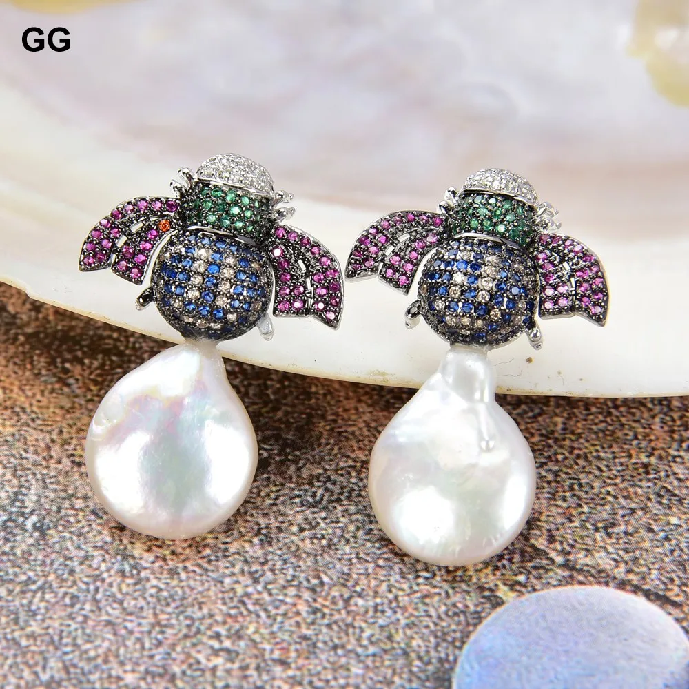 GuaiGuai Jewelry Freshwater White Coin Pearl Cz pave Insert Stud Earrings