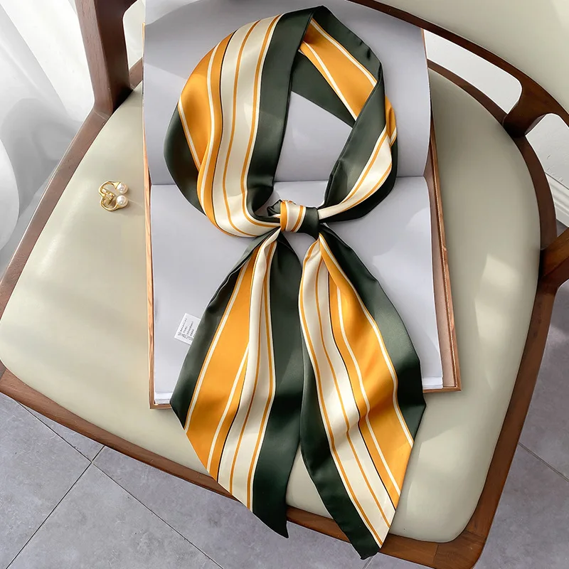 

KOI LEAPING Aesthetic stripe printing long silk scarf female multi-function decorative scarf headband tie wrist strap bag belt