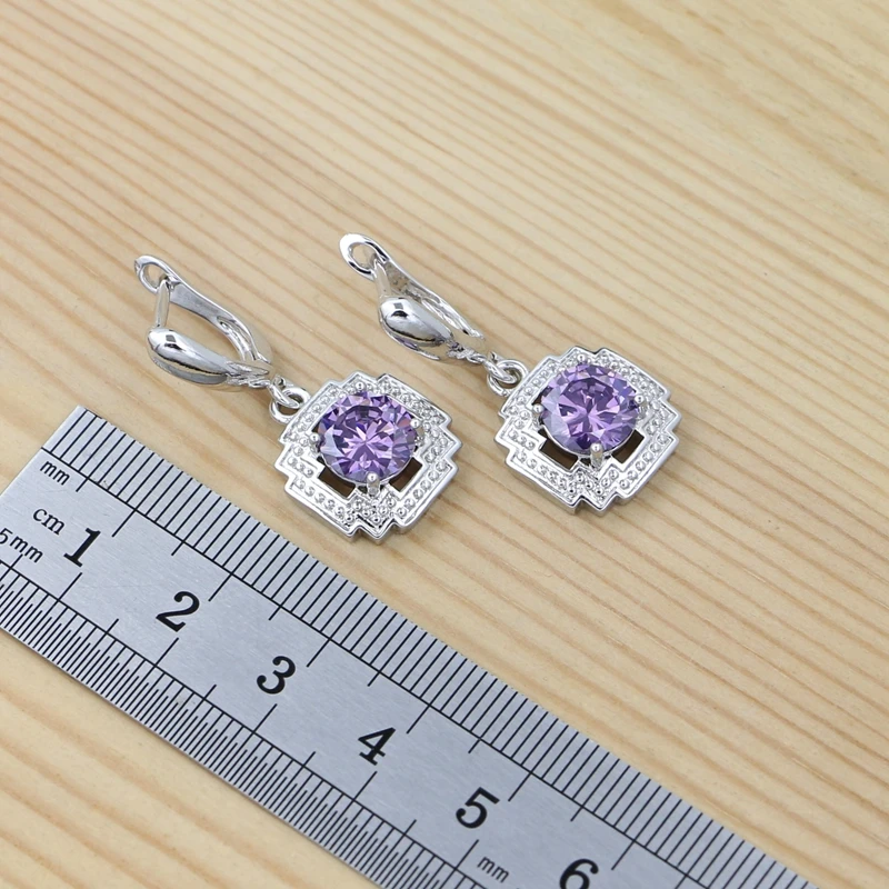 925 Sterling Silver Jewelry Set Round Amethyst Earrings Adjustable Ring Pendant Necklace Bracelet for Women