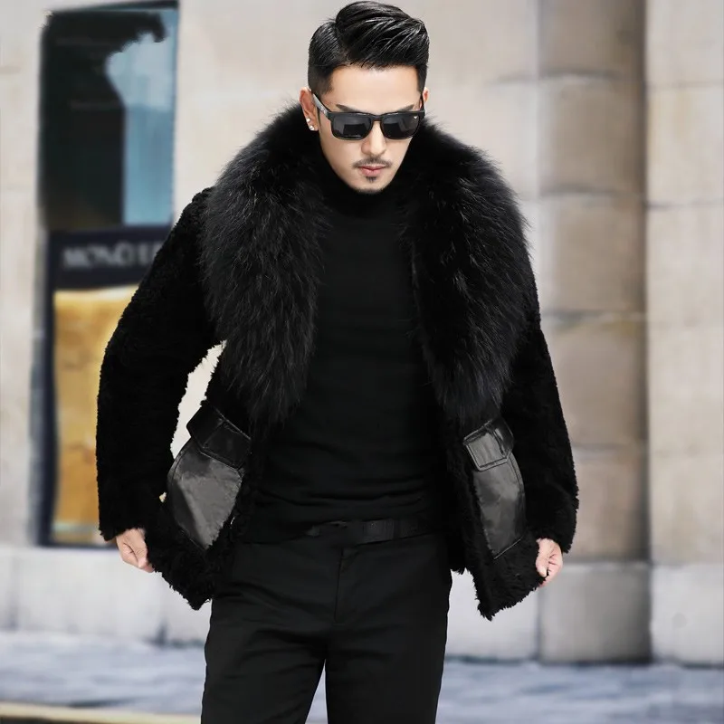 Winter New Raccoon Fur Collar Outerwear Mens Short Slim Fit Casual Business Thicken Real Wool Coat High Quality Sheep Fur Jacket