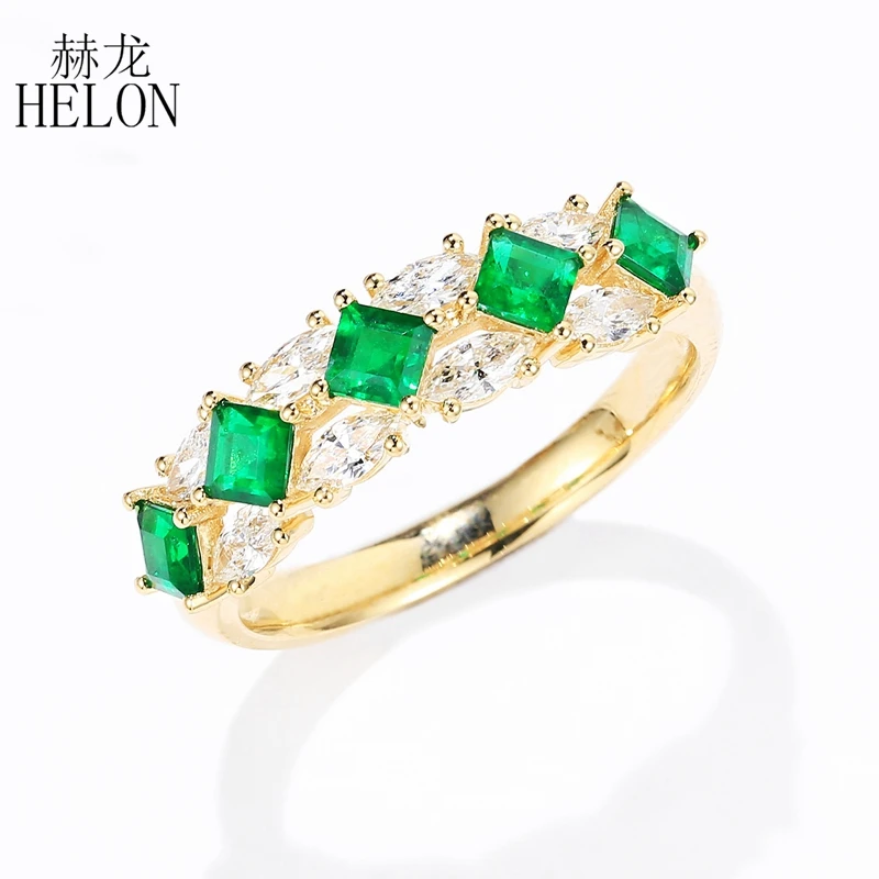 

HELON Solid 14K Yellow/Rose/White Gold AU585 0.4ct Natural Emerald 0.4ct Diamonds Women Engagement Wedding Fine Jewelry Ring