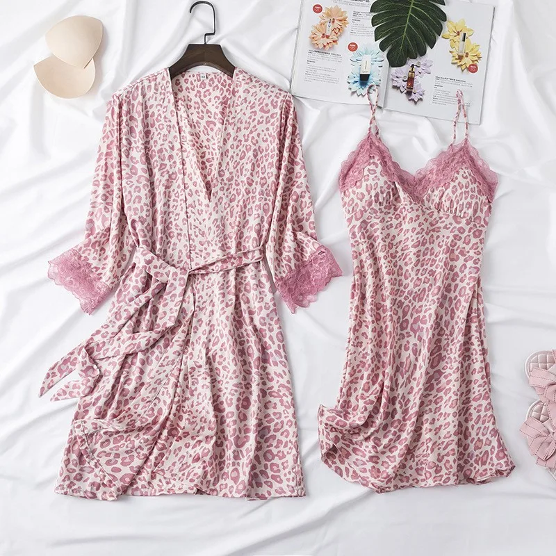 Print Leopard 4PCS Sleep Set Pajamas Female Loose Satin Pyjamas Sleepwear Sexy Casual Home Wear Suits Lace Trim Women Nightwear