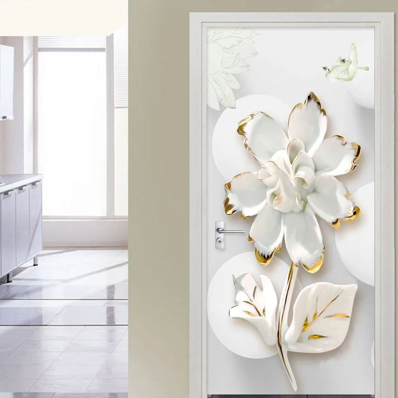 Modern Door Sticker 3D Marble Relief Flowers Wallpaper Living Room Bedroom Home Decor PVC Self-Adhesive Waterproof 3D Door Decal