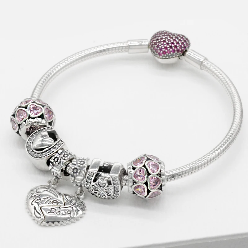 

Real Pure 925 Silver Bracelet Love Heart Safety Charms Pink Beads Charms Clover Romantic Style Fit Original Bracelets