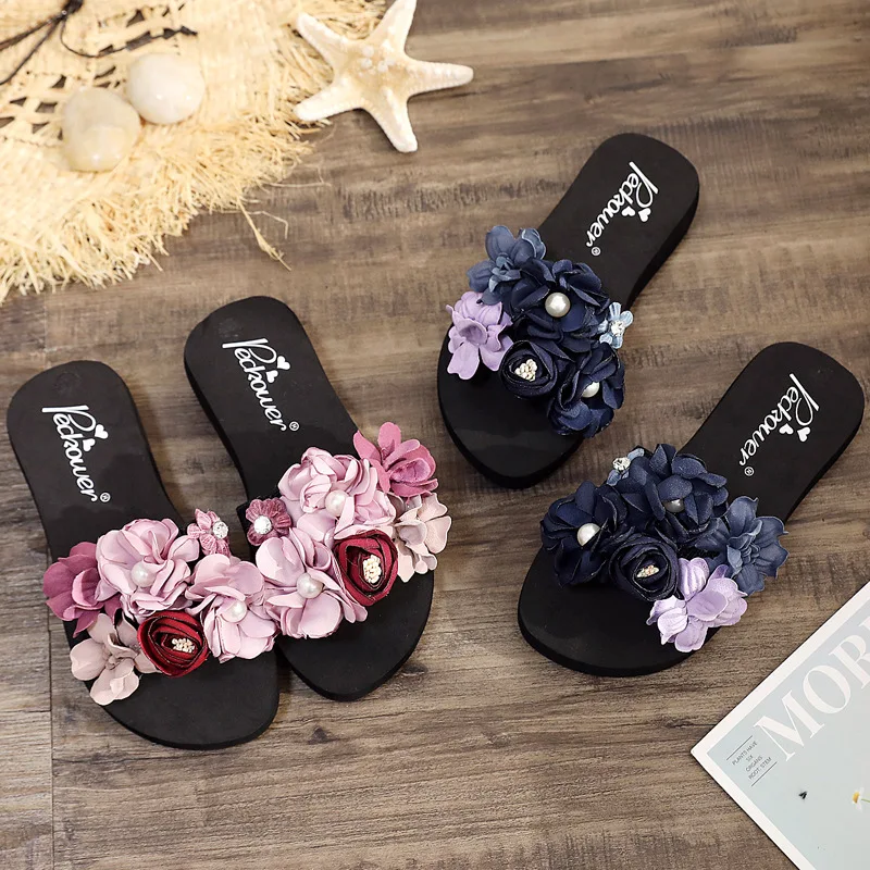 3cm High Heel Women\'s Slippers Summer Non-slip Outdoor Flip Flops Female Big Flower Fashion Wear Beach Sandals Home Slippers