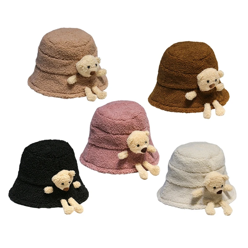 Women Winter Fluffy Plush Warm Bucket Hat Cute 3D Stuffed Teddy Bear Wide Brim Harajuku Outdoor Panama Fisherman Cap