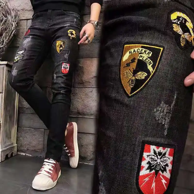 Stretch embroidered jeans men Korean fashion slim leggings black worn-out youth embroidered pants