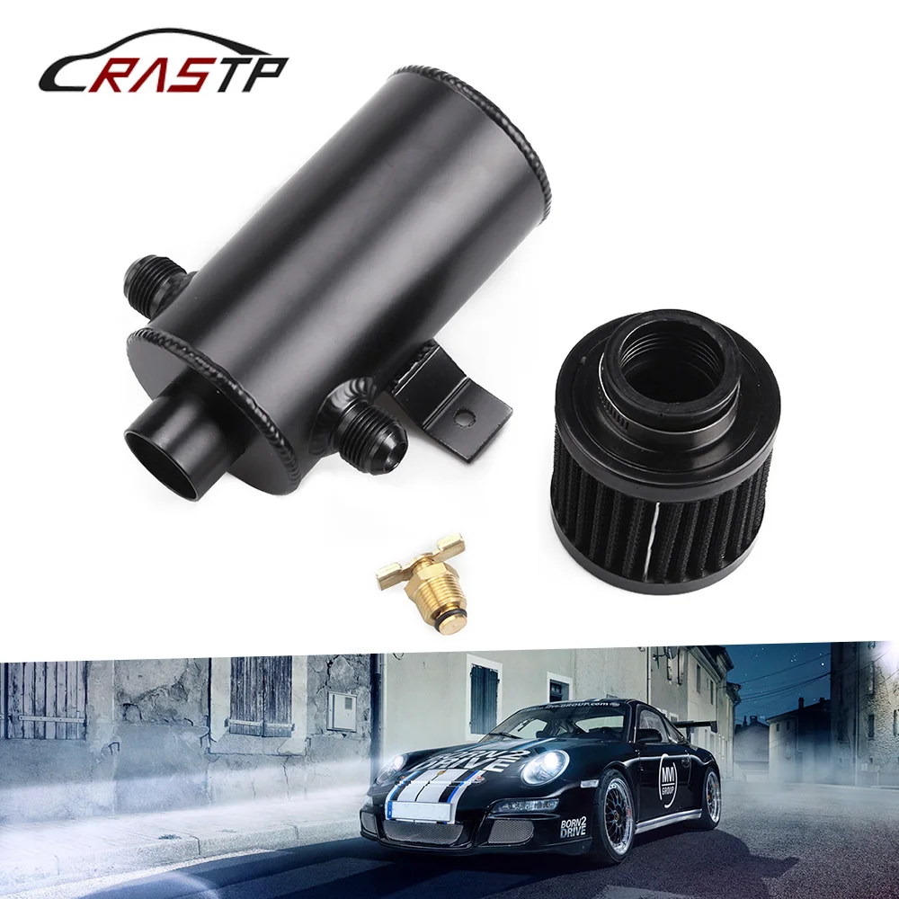 Universal AN10 Black Aluminium Car Baffled Engine Oil Catch Can 750ml with Twin Port Breather Filter Kit Fuel Tank RS-OCC035