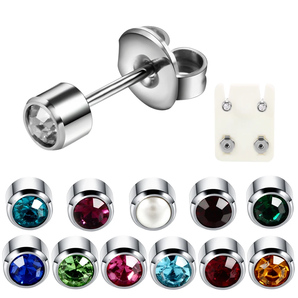 2Pcs/lot Round Crystal Studs Earrings Push Back Stainless Steel Female Earrings Mini Small Childern Earring Pierced for Ear Gun