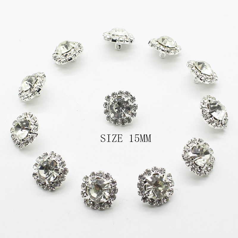 Shank Rhinestones Button for Clothing 10pcs/Lot 15mm Round Hand Sewing Shirt Buttons Diy  Silver Accessories Wedding Decor