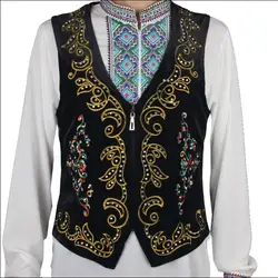 Traditional Chinese Xinjiang Men Vest Uighur Embroidered Rhinestones Spring Stage Shiny Tops