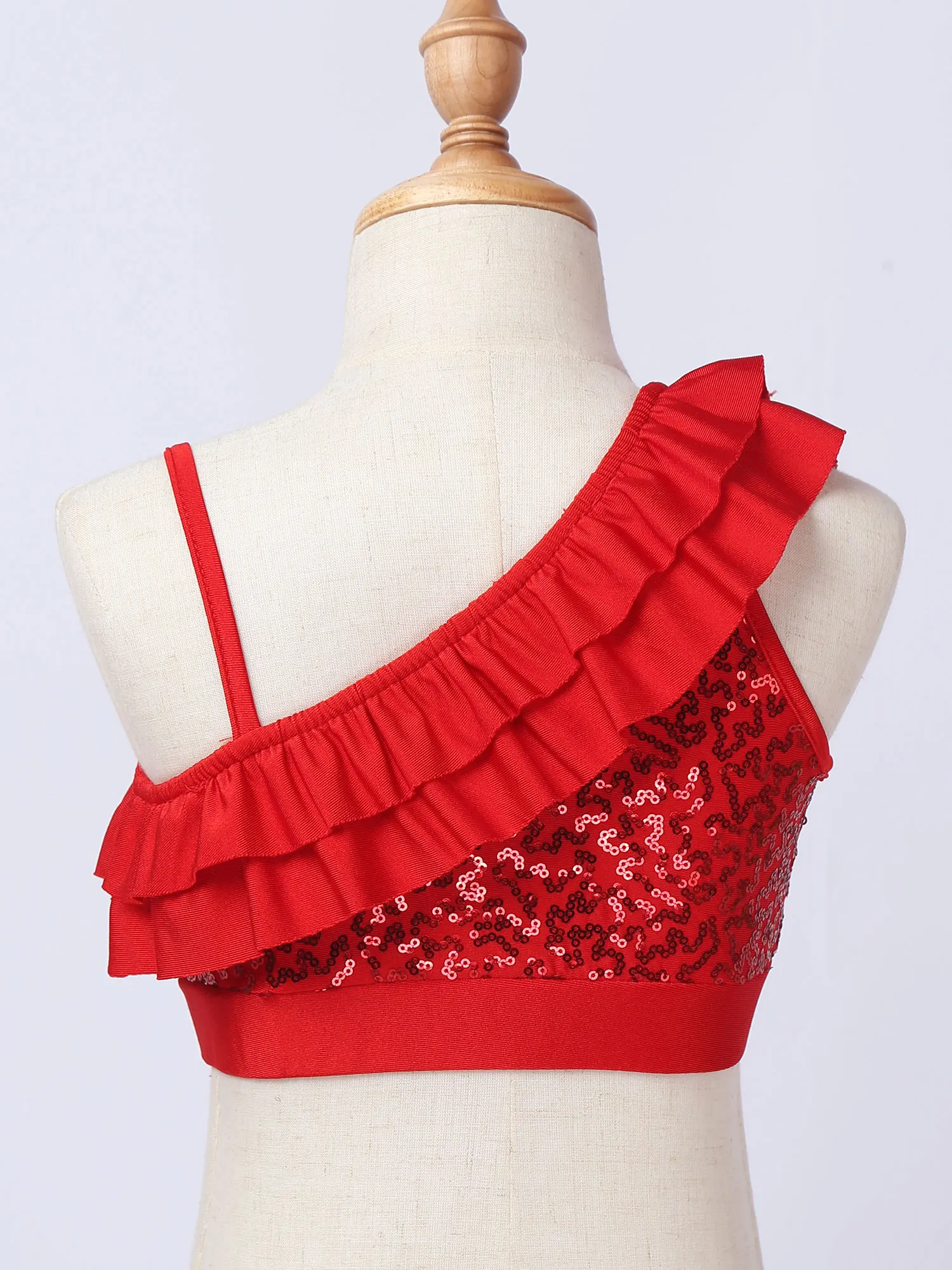 Kids Girls Asymmetrical Shoulder Dance Top Shiny Sequin Ruffle Dance Wear Children Stage Perfrmance Crop Top For Latin Ballet