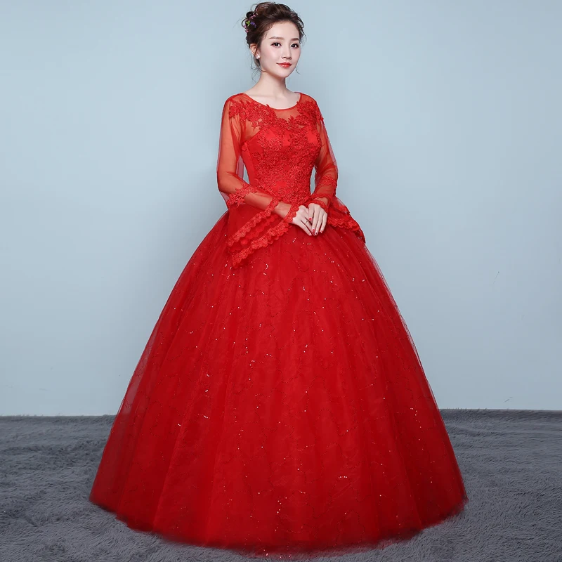 AnXin SH princess red Lace party vintage o neck beading crystal flower long flare sleeve white lace up customized wedding dress