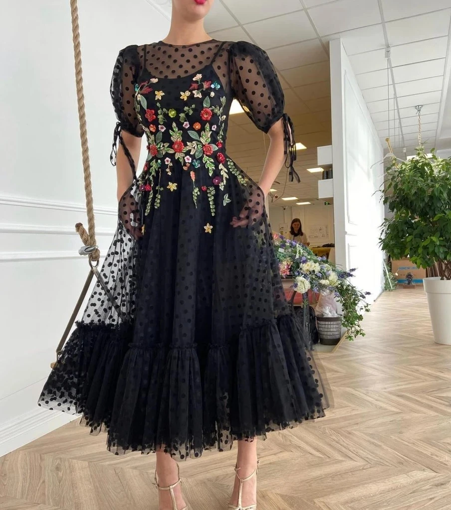 

Black Moroccan Prom Dresses A-line Short Sleeves Ankle Length Tulle Appliques Robe De Soiree Prom Gown Evening Dresses