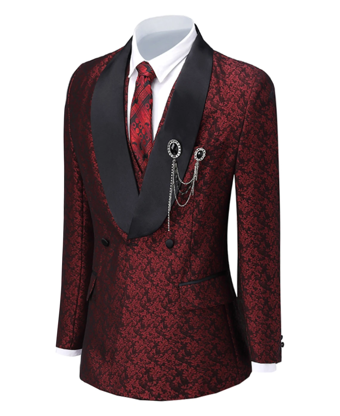 Men's Suits 3 Piece Formal Slim Fit Embroidery V Neck Groomsmen Shawl Lapel Tuxedos for Wedding Suits Men (Blazer+Vest+Pant)