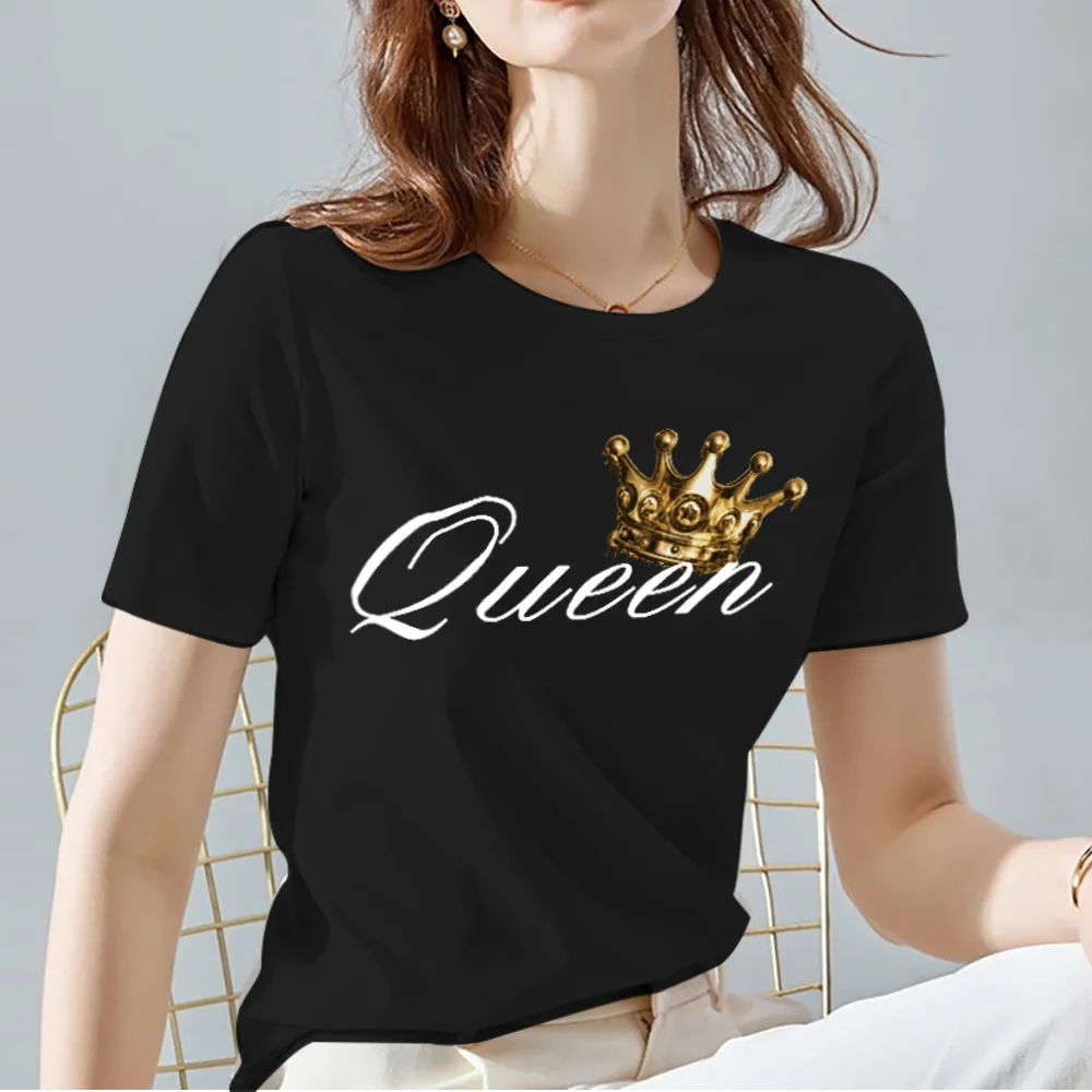 

Women Tshirts Summer Queen Crown Pattern Print Female Tops Tee Casual Black and White Basis Ladies T-shirt Women Clothing