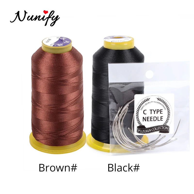 Nunify 1 Roll 2000M In Length Black Polyester Thread Wig Sewing Thread Hair Weaving Thread With Gift 1 Pc 6.5Cm C Curved Needle
