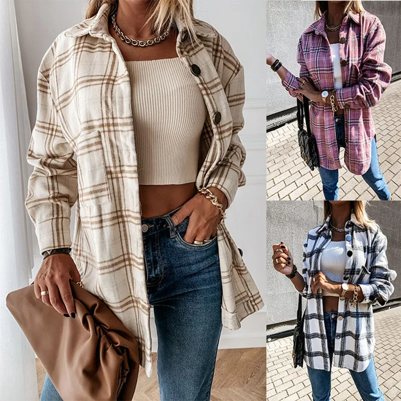 Women Blouses Autumn And Winter Loose Casual Retro Tops All-Match Plaid Long-Sleeved Shirt Jacket 3 Colors Chic New