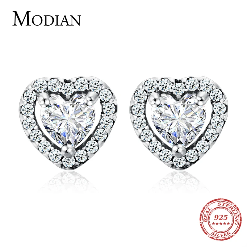 Modian Dazzling 925 Sterling Silver Clear CZ Heart Fashion Stud Earrings for Women Charm Wedding Statement Silver Fine Jewelry