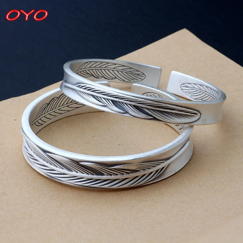 999 pure silver bracelets for men and women retro matte brushed feather couple sterling silver bracelets