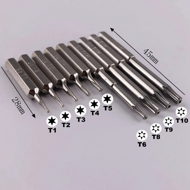 9 sztuk Torx T1 T2 T3 T4 T5 T6H T8H T9H T10H 28mm i 45mm śrubokręt 3/25 "(4mm) bity mobilny Bit naprawczy kwiaty śliwy naprawa głowicy