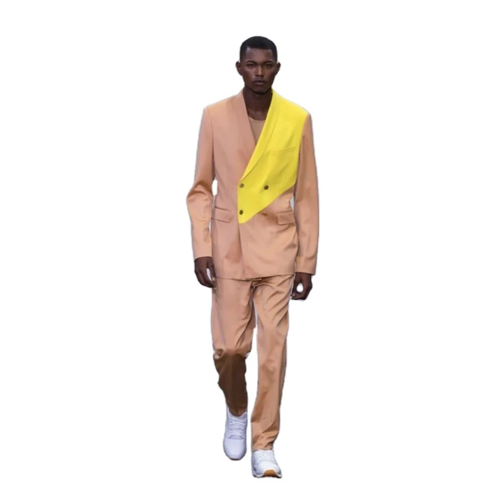 

Yellow Pink Stitching Blazer Trousers Men Suits Sets Casual Groom Tuxedo Wedding Party Wear Clothing Tailored 2Pcs Jacket Pants