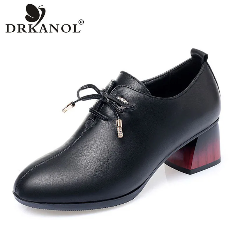 DRKANOL 2024 Fashion Women Thick Heel Shoes Genuine Leather Side Zipper Cross-tied Pumps Lady Shallow Rhinestone Casual Shoes