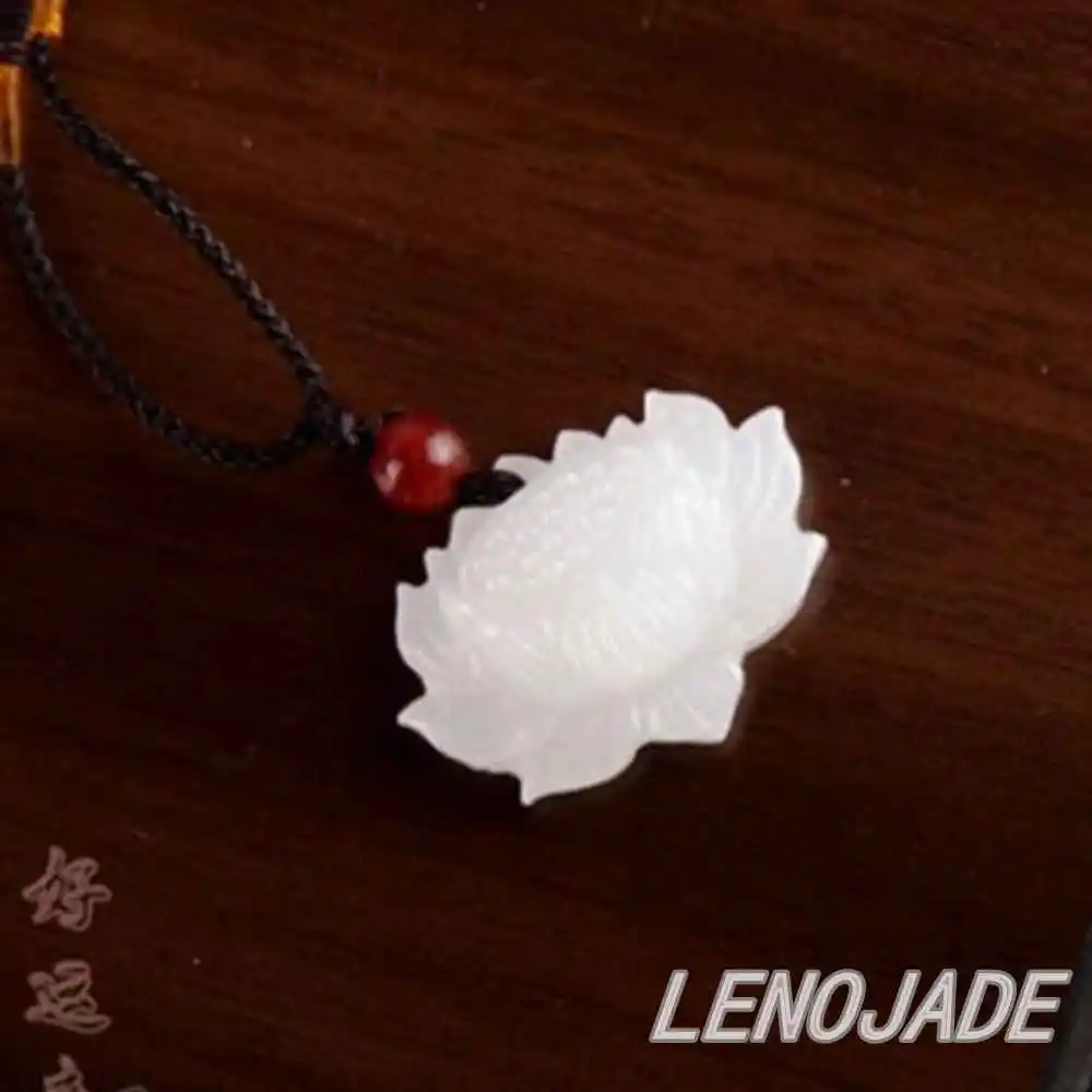 

Vivid Hand-carved Lotus Flower Natural Pure White Jade Jadeite Pendant Necklace / new Add green options