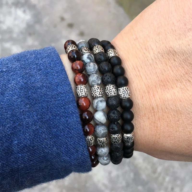 

High quality natural stone bead men jewelry vintage Tibetan silver beads macrame bracelet men