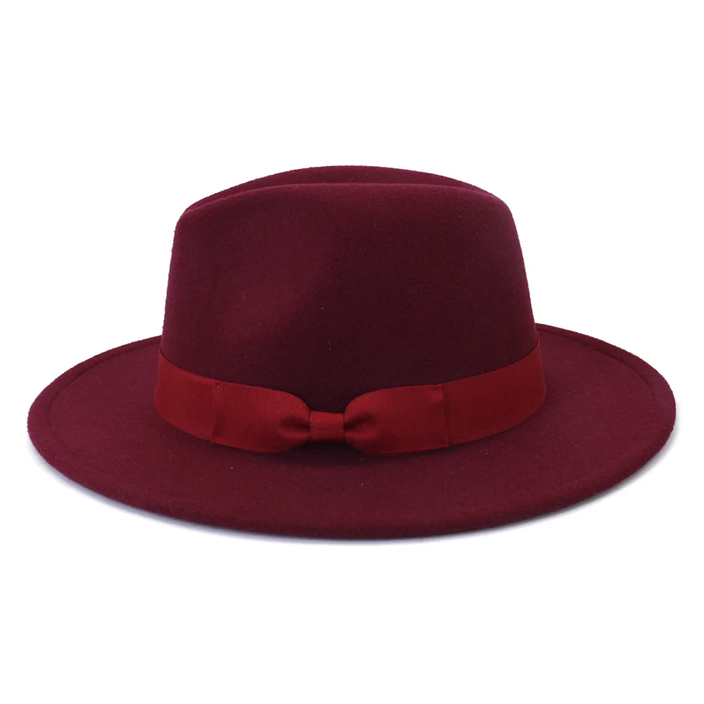 Burgundy bowknot fedoras  widebrim hat Panama felt hat jazz hat church top cap british women fedoras hats for men шляпа женская