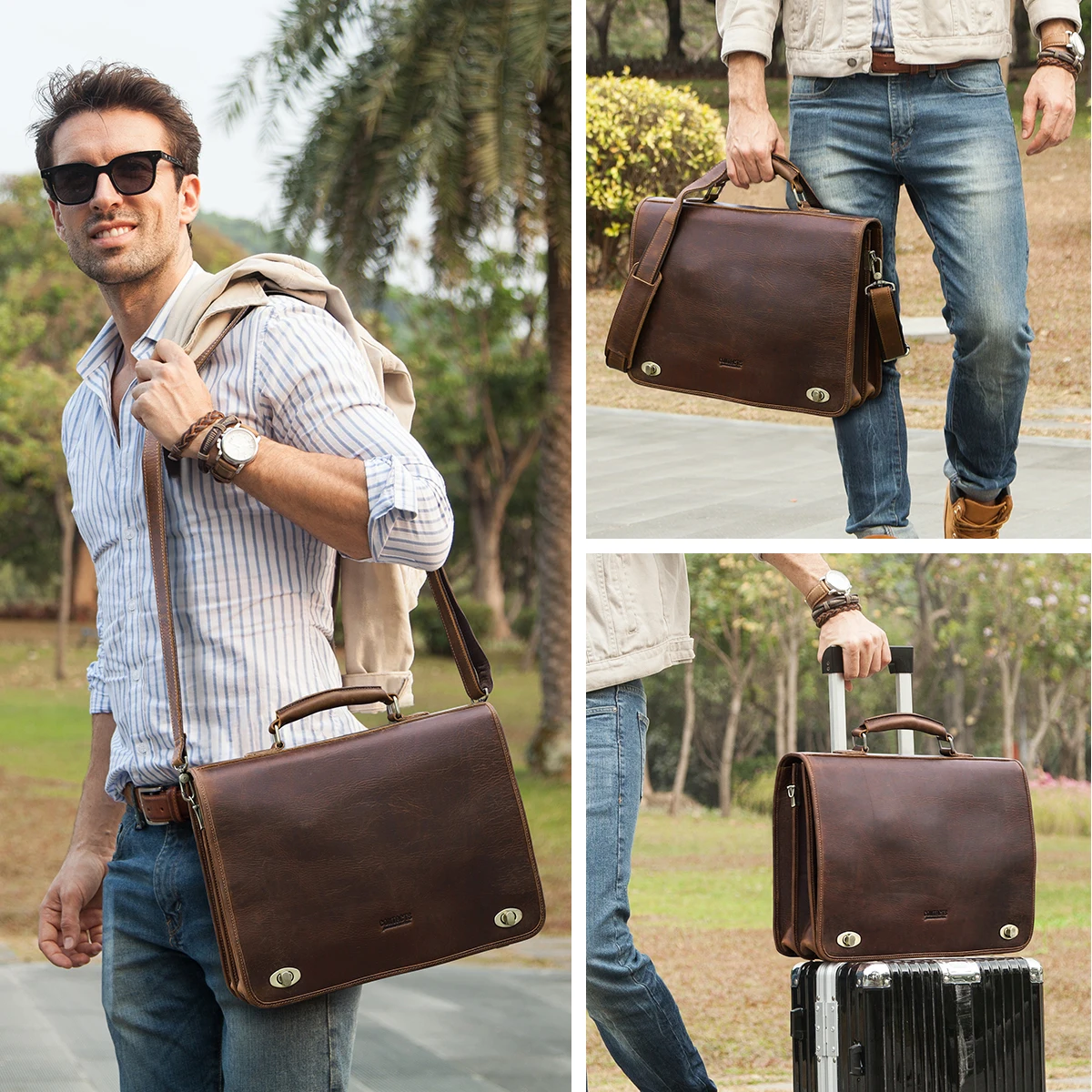 Vintage Genuine Leather Men Briefcase for Business Portfolio Document Laptop 15.4 inch Suitcase Men\'s Shoulder Messenger Bag