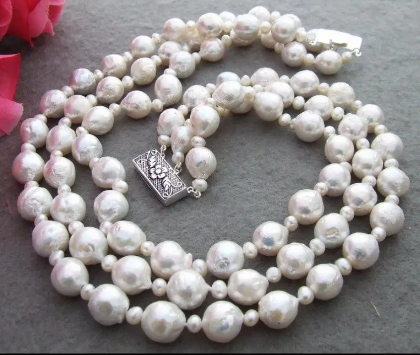 Jewelry Natural 10-12mm Bead-Nucleated Pearl Necklace-925 Silver Clasp