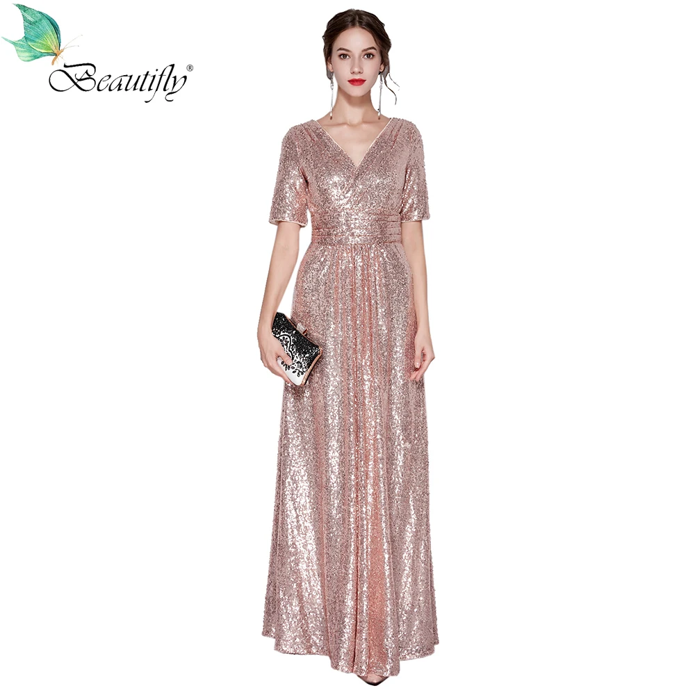 

Prom dress Long-Length Rose Gold Sequin V-Neck Zipper Back Fashion New Maxi Elegant Women's Dress