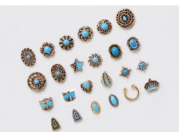 50pcs Bohemia Retro turquoise totem flower 3D Alloy Nail Art Rhinestone metal nails accessories nail art decoration DIY charms