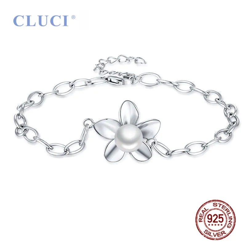 CLUCI 100% Silver 925 Pendant Bracelet Adjustable Women Flower 7-8mm White Round Pearl  Pendant Bracelet 7.5