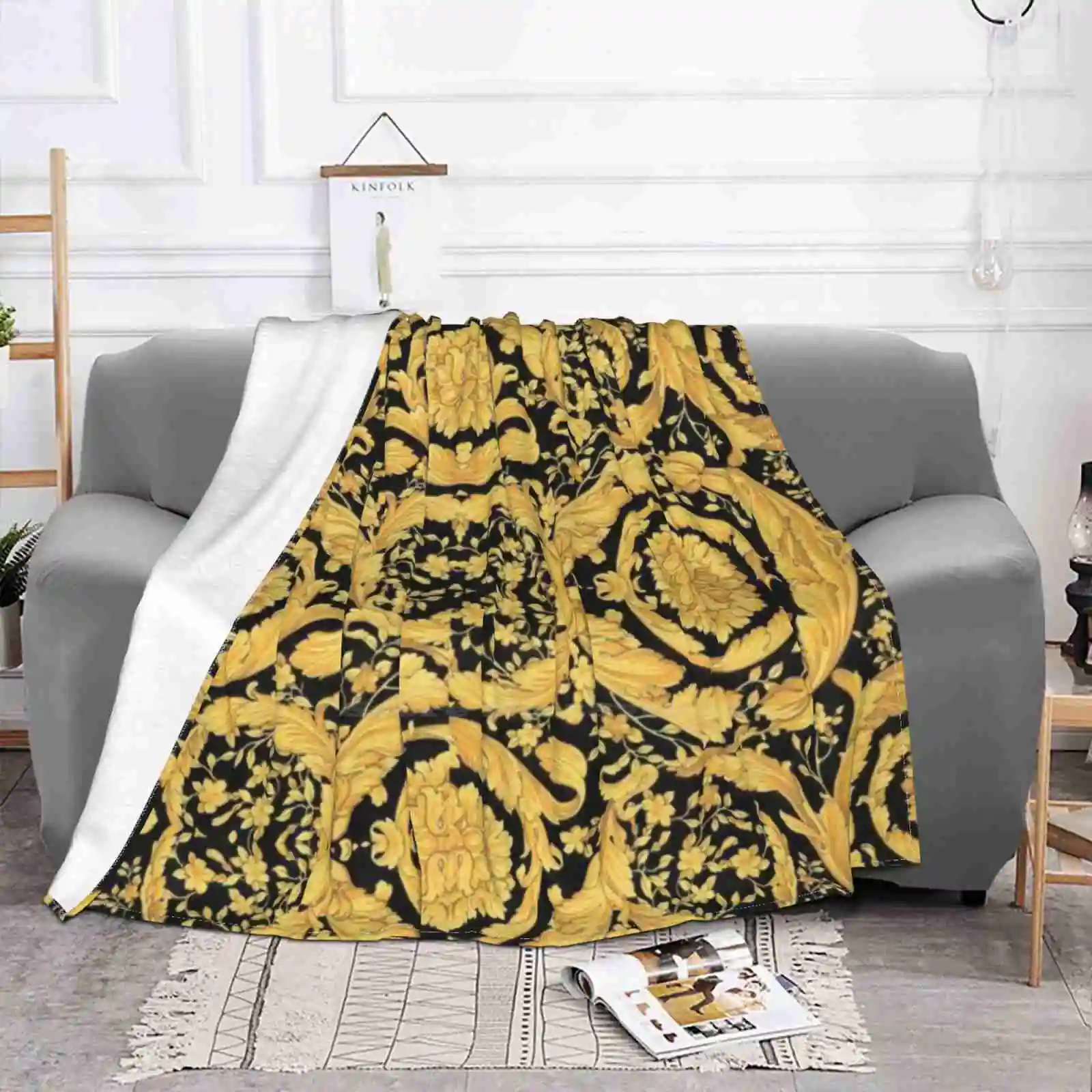 Barocco Gold Black Luxury Four Seasons Comfortable Warm Soft Throw Blanket Gold Black Designer Vintage Gianni Home Christmas