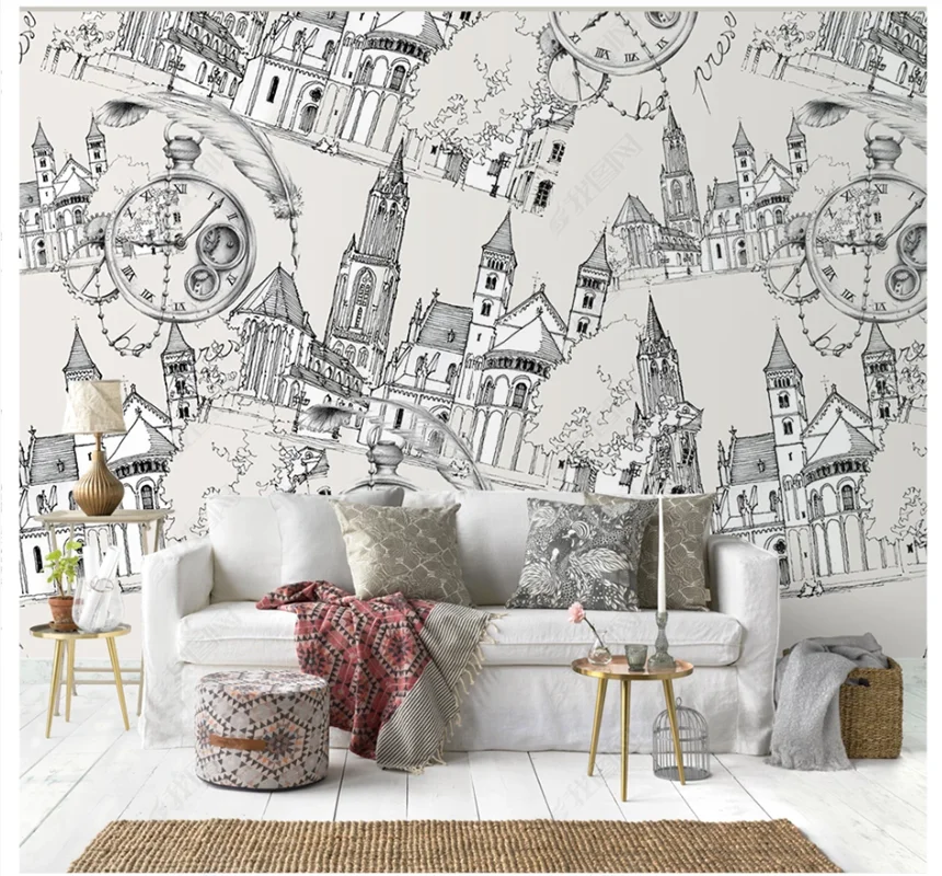 

Xuesu Custom 8D wall cloth Nordic fashion four square continuous architectural pattern wallpaper