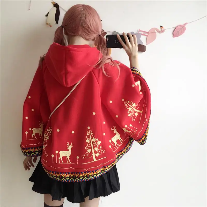 Christmas autumn winter 2019 new sweet day soft girl lovely fawn with velvet red cape coat women's wear